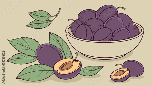 Plums in a bowl illustration of fresh fruit with leaves healthy food design for recipe menu or packaging.