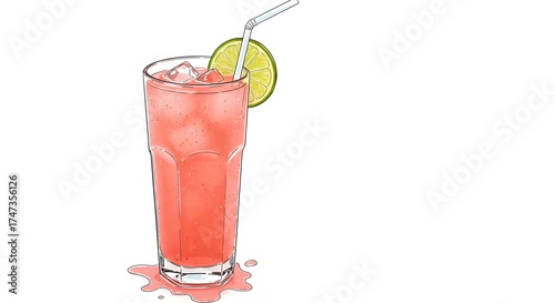 A tall glass of refreshing pink beverage with ice, lime slice, and straw depicted artistically.
