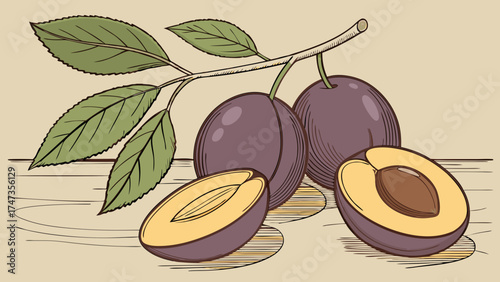 Plums Fruit Branch Leaves Illustration Drawing Food Healthy Fresh Organic Delicious Still Life Vintage Retro Graphic Design Element Kitchen Recipe Culinary Nature Produce Des.