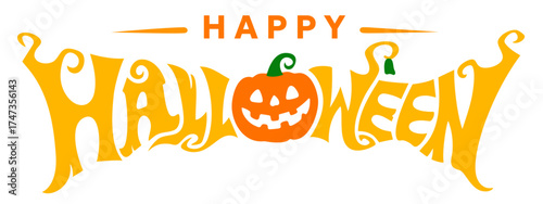 Happy Halloween text with jack-o’-lantern face inside the letter O and curved orange spooky font