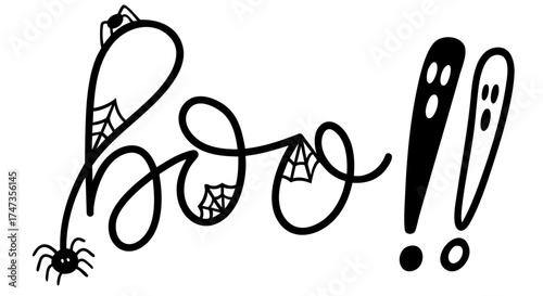 Halloween boo text with spider hanging from letter and cobwebs, ghost exclamation marks