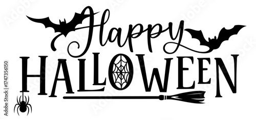 Happy Halloween text with bats, spider, witch broom and dream catcher detail
