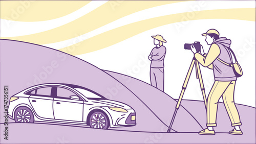 Professional Photographer Shooting a White Car on a Hillside with a Person Watching.