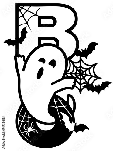 Halloween boo lettering with cute ghost, spiderwebs and flying bats in black silhouette