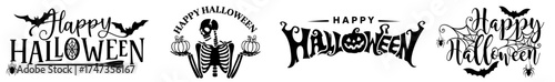 Happy Halloween lettering set with bats, skeleton, pumpkins and spiderwebs — spooky black designs for October 31 celebration