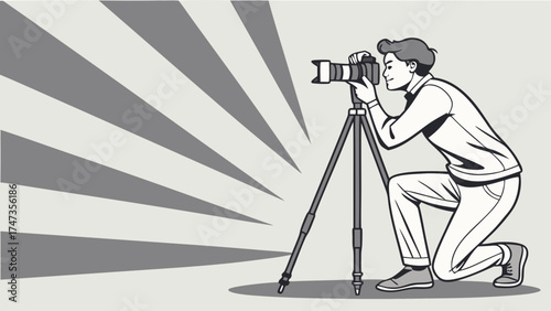 Professional Photographer Using DSLR Camera on Tripod Studio Illustration Black and White Design.