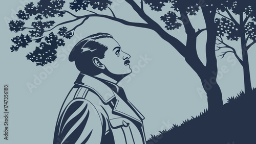 Profile of a Man in a Jacket near Trees Silhouette Illustration Vintage Style Blue Tone Vector Art.