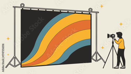 Retro Rainbow Photography Studio Setup Photographer with Camera Colorful Background Vintage Style Illustration.