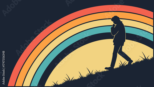 Retro Silhouette of Person Walking Towards a Rainbow Vintage Style Illustration Hope Dream Positive Optimism.