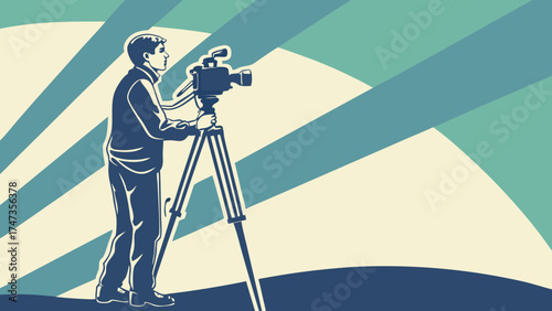 Retro Style Cameraman with Vintage Film Camera on Tripod Filmmaking Video Production Illustration.