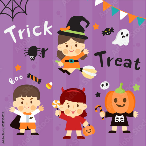 A cheerful scene depicting children dressed in various costumes excitedly celebrating Halloween as they prepare for trick-or-treating, filled with fun and delightful treats.