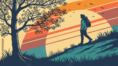 Retro styled illustration of hiker at sunset nature landscape travel and adventure concept.