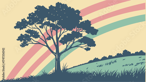 Retro Tree Silhouette Landscape with Pastel Rainbow Stripes Nature Illustration Vector Graphic.