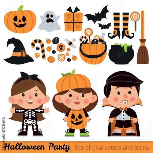 A delightful array of Halloween icons featuring cute characters like a skeleton and pumpkin, perfect for party themes and Halloween decorations.