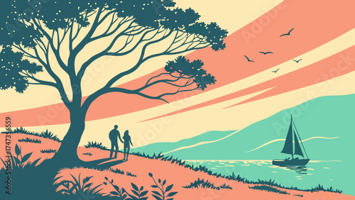 Romantic Couple Silhouette at Sunset by the Sea with Sailboat and Tree.