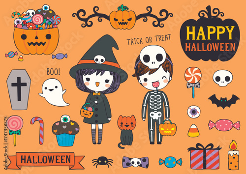 This fun Halloween-themed image displays cute trick-or-treating kids along with playful elements such as pumpkins, candies, and spooky decorations in bold colors.