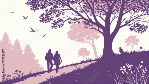 Romantic Couple Walking in Nature Silhouette Illustration Peaceful Landscape Spring or Summer Theme.