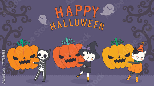 This lively Halloween image captures happy children dancing energetically with mischievous pumpkins, celebrating joy and excitement during the spooky season.