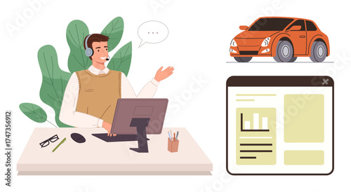 Customer support agent wearing a headset interacts with a client, accompanied by a car graphic and web portal interface. Ideal for customer service, automotive assistance, digital tools, online