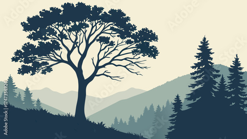 Serene Mountain Landscape with Trees Silhouettes Nature Illustration Forest Scene Vector Graphic.