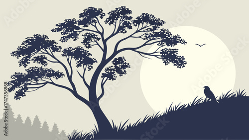 Serene Nature Silhouette Tree Bird and Moon Landscape Illustration.