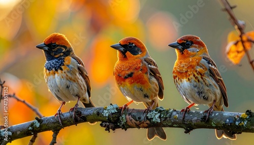 Three Russet Sparrows Poised on a Branch in Autumn Hues, Russet Sparrows Perched Side-by-Side Amidst the Golden Light of Fall