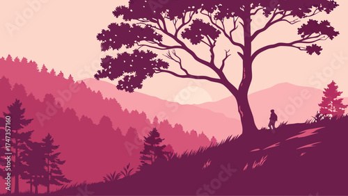 Serene Sunset Landscape with Silhouette of Person and Tree.