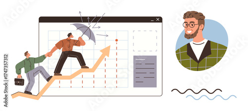 Two coworkers climbing an upward arrow with one holding an umbrella data charts and business elements. Ideal for teamwork, growth, strategy, leadership, risk management, success, simple flat metaphor