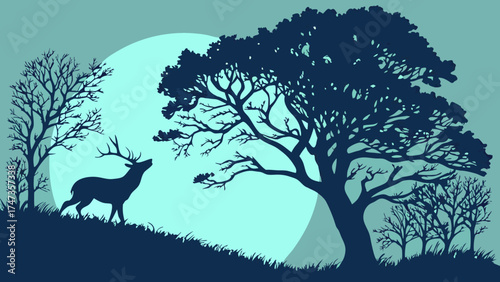 Silhouette of a deer and trees under a large moon nature illustration wildlife graphic design.