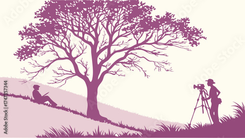 Silhouette of a Filmmaker Interviewing a Subject in a Natural Setting.