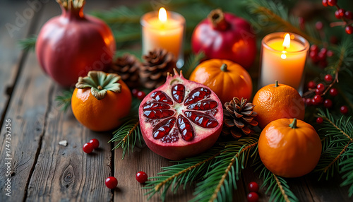 Festive arrangement of pomegranates, tangerines, and candles on rustic wooden table for Christmas