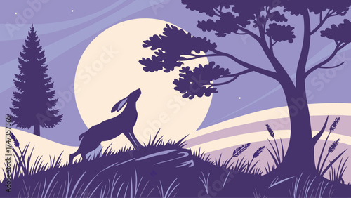 Silhouette of a Hare under the Moonlight in a Pastoral Landscape.