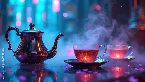 Elegant teapot and steaming cups of tea against a moody, colorful background with soft lighting