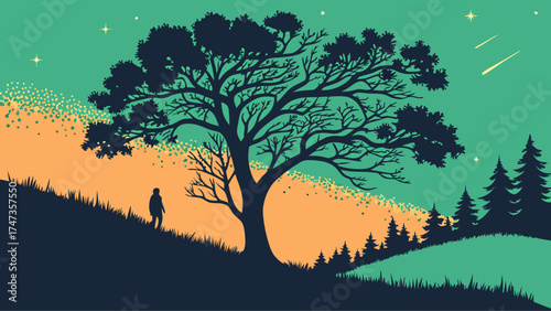 Silhouette of a large tree at night with a person standing on a hill stars and shooting stars in the sky vector illustration.