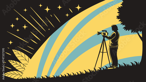 Silhouette of a Person Filming a Night Sky with Shooting Stars and Abstract Background.