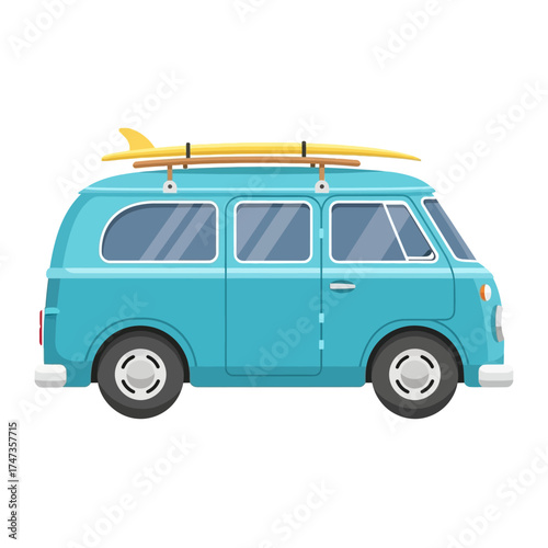Classic blue camper van carrying surfboards on the roof, travel adventure and summer holiday