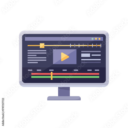 Desktop computer displaying video editing interface for media production and digital content creation