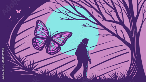 Silhouette of a person walking in a mystical landscape with a large butterfly and trees vector illustration.