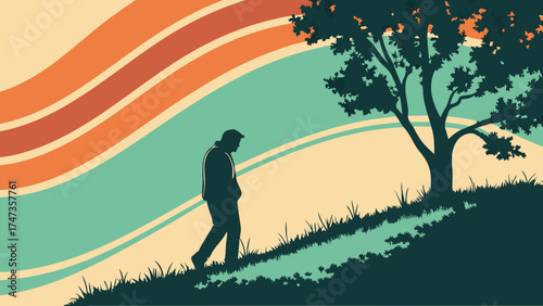 Silhouette of a person walking on a grassy hill next to a tree retro style illustration.