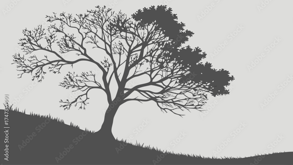 Obraz premium Silhouette of a tree on a hill nature illustration graphic design element.