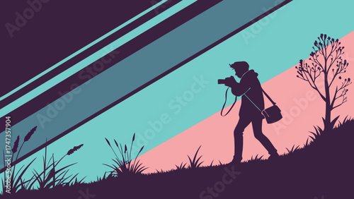 Silhouette of a photographer taking pictures in nature with a camera bag vector illustration graphic design abstract art.