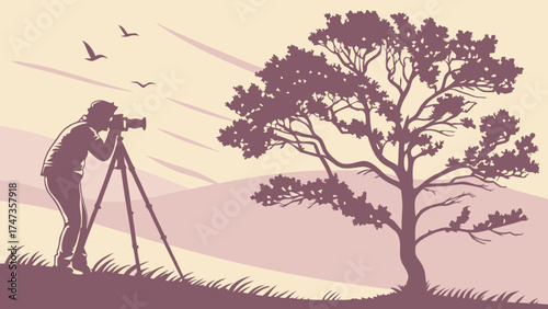Silhouette of a Photographer with Camera on Tripod Landscape with Tree and Birds in Pastel Colors.