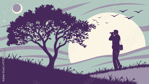 Silhouette of a photographer taking pictures of a scenic landscape at night with a large moon and birds in flight.