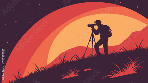 Silhouette of a photographer with camera on a tripod at sunset over hills.