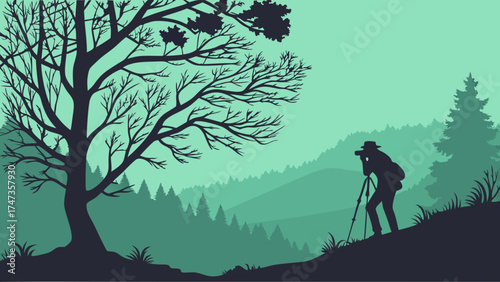 Silhouette of a photographer taking pictures of a forest landscape nature photography vector illustration.