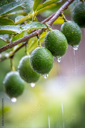 moisture. Vibrant green sudachi limes hanging from a rain-moistened branch wi...