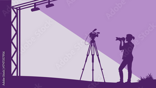 Silhouette of a Photographer with Cameras and Studio Lighting Setup for Film Video or Photography Production.