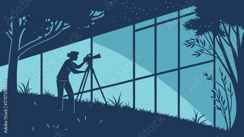 Silhouette of a Photographer with Camera on Tripod at Night Capturing a Modern Building with Trees and Grass.