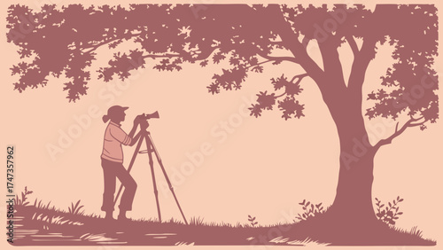 Silhouette of a photographer using a tripod camera in nature under a large tree.