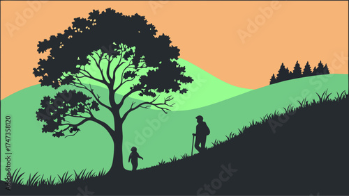 Silhouette of hikers in a scenic landscape with a large tree and rolling hills at sunset.